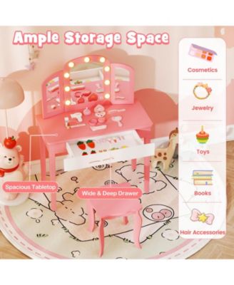 2-in-1 Kids Vanity Table Set with Tri-Folding Detachable Mirror and LED Lights
