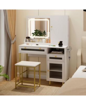 Modern Makeup Vanity Desk with Lighted Mirror Jewelry Cabinet and Stool Set