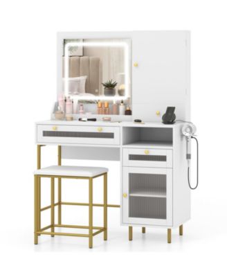 Modern Makeup Vanity Desk with Lighted Mirror Jewelry Cabinet and Stool Set
