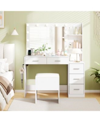 Makeup Table and Stool Set with Hair Dryer Stand and 5 Drawers
