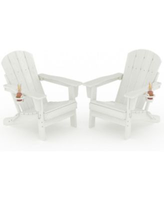 Folding Adirondack Chair Set of 2, All-Weather HDPE Outdoor Chair, Wooden Textured with Cup Holder for patios, Decks, Gardens, fire pits