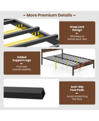 Metal and Wood Platform Bed Frame with Headboard and Noise-Free Slats