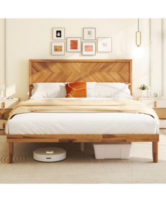 Rubberwood Platform Bed Frame with Storage Drawers and Headboard