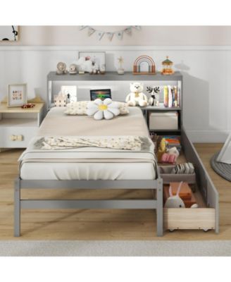 Solid Wood Platform Bed Frame with LED Lights and Headboard and Bookcase Headboard