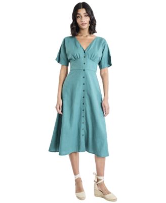 Women's Button-Front V-Neck Midi Dress