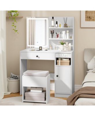 Vanity Desk with Lighted Mirror Storage Cabinet and Cushioned Stool