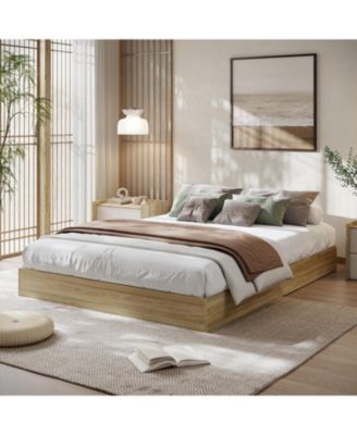 Wood Platform Bed Frame Sturdy Wooden Bed Slat Support No Box Spring Minimalist Floor-Standing Easy Assembly Burlywood