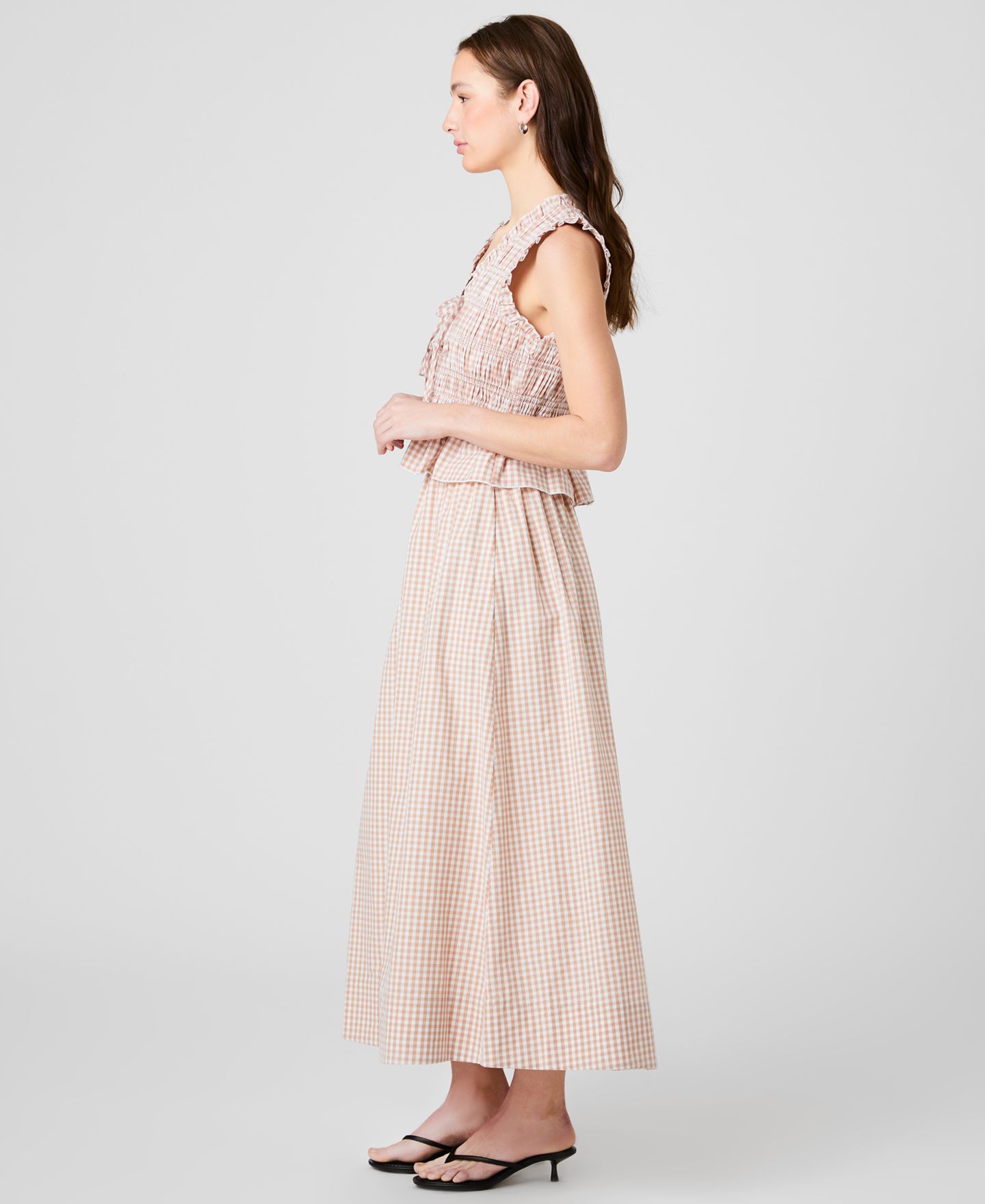 Женская юбка French Connection Gingham Ruched Waist Midi, цвет: В мелкую клетку миндальный телесный — фото 4
