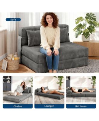 76" Folding Sofa Bed, Convertible Futon Couch with Pillow, Linen Fabric for Small Spaces