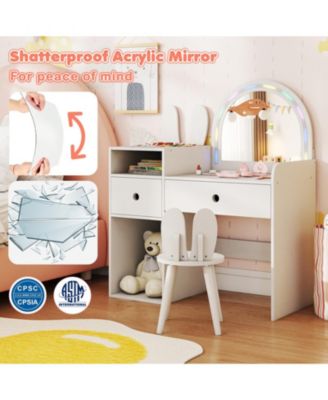 Kids Vanity Desk and Chair Set with Colorful Lights and Open Shelves