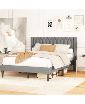 Upholstered Platform Bed with Wingback Headboard and Slats