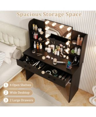 Makeup Vanity Set with Lighted Mirror Power Outlet and Cushioned Stool