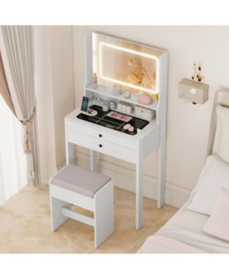 Small Vanity Desk with Lighted Mirror and Stool Set for Bedroom
