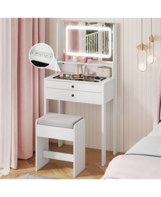 Small Vanity Desk with Lighted Mirror and Stool Set for Bedroom