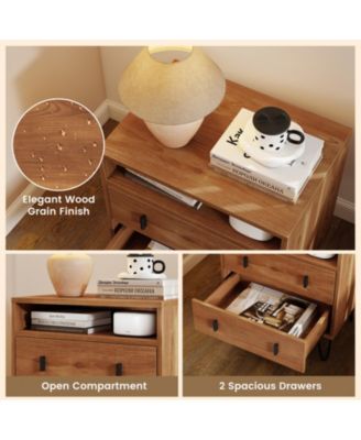 Mid-Century Modern 2-Drawer Nightstand with Open Storage Compartment