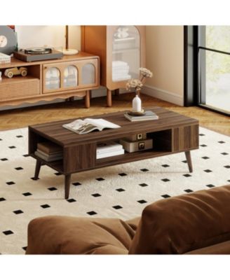 42 in Mid-Century Coffee Table with Compartment and Side Shelves