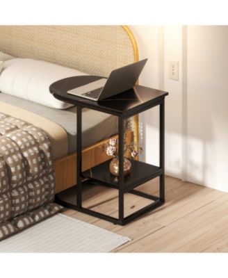 C-Shaped Modern Sofa Side Table with Faux Marble Top and Storage Shelf