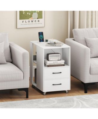 End Table with Built-In Charging Station, 2 Drawers and Locking Wheels