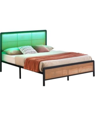 Bed Frame RGB LED Lights Boho Metal Headboard Footboard Steel Slats Noise Free No Box Spring