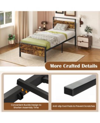 Twin Metal and Wood Platform Bed Frame with Headboard and Industrial Design