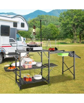 Folding Camping Kitchen Table with Sink Side Tables and Storage Shelves