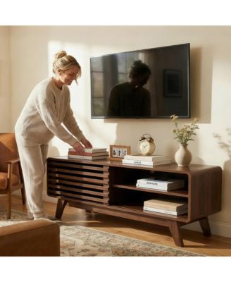 TV Stand with Slatted Sliding Door, Mid Century Modern Media Console Table for 50 Inch TV, Entertainment Center for Living Room