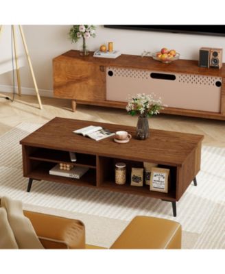 47 in Mid-Century 2-Tier Coffee Table with Shelves and Compartments
