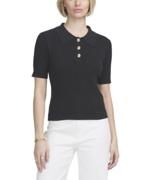 ELLE Collection Women's Fine Gauge Ribbed Short Sleeve Henley, цвет: Чёрный
