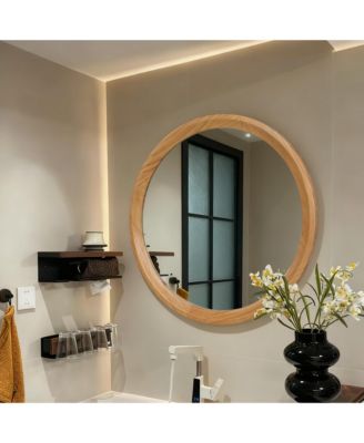 Natural Wood Round Wall Mirror, 23.62" Minimalist Decorative Mirror for Bathroom Vanity/Living Room (Sleek Solid Wood Frame)
