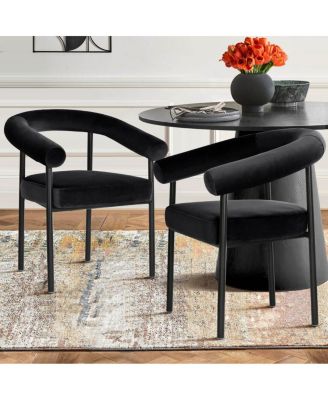Set of 2 Velvet Upholstered Dining Armchairs Curved Arms Metal Frame