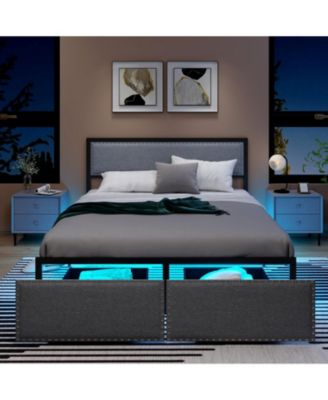 Queen Metal Platform Bed Frame with LED Lights and Storage Drawers