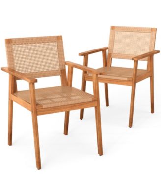 Acacia Wood Patio Dining Chairs Set of Two with Rattan Design
