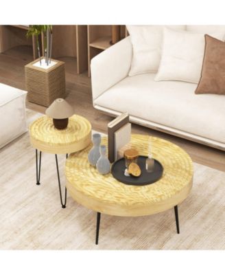 Set of 2 Solid Pine Wood Farmhouse Round Nesting Coffee Tables