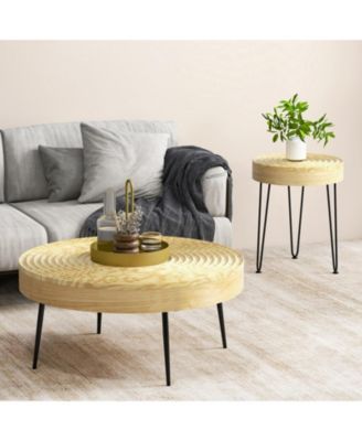 Set of 2 Solid Pine Wood Farmhouse Round Nesting Coffee Tables