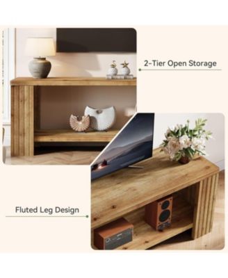 Solid Wood TV Stand for 55/60/65/75-Inch TVs, Farmhouse Entertainment Center with 2-Tier Storage Shelf, Fluted TV Consoles