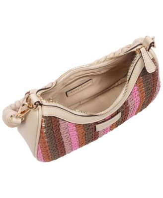 Woven Ribbon Zip Top Hobo Bag - Striped Woven Shoulder Bag with Braided Strap