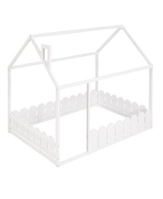 Full Size  Wood House Bed Frame with Surrounding Fence Roof Design for Kids Teens Boys and Girls