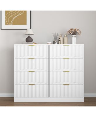White 8-Drawer Dresser with Gold Handles and Wavy Panels