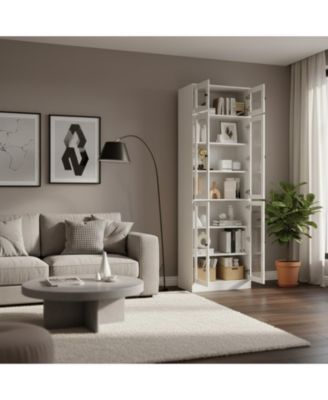 85.5" H 7 Tier Bookshelf with Glass Doors White Large Storage Bookcase for Living Room Office