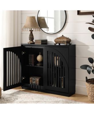 Modern Fluted Sideboard Cabinet with 2 Outlet Holes, Narrow Side Cabinet Kitchen Coffee Bar