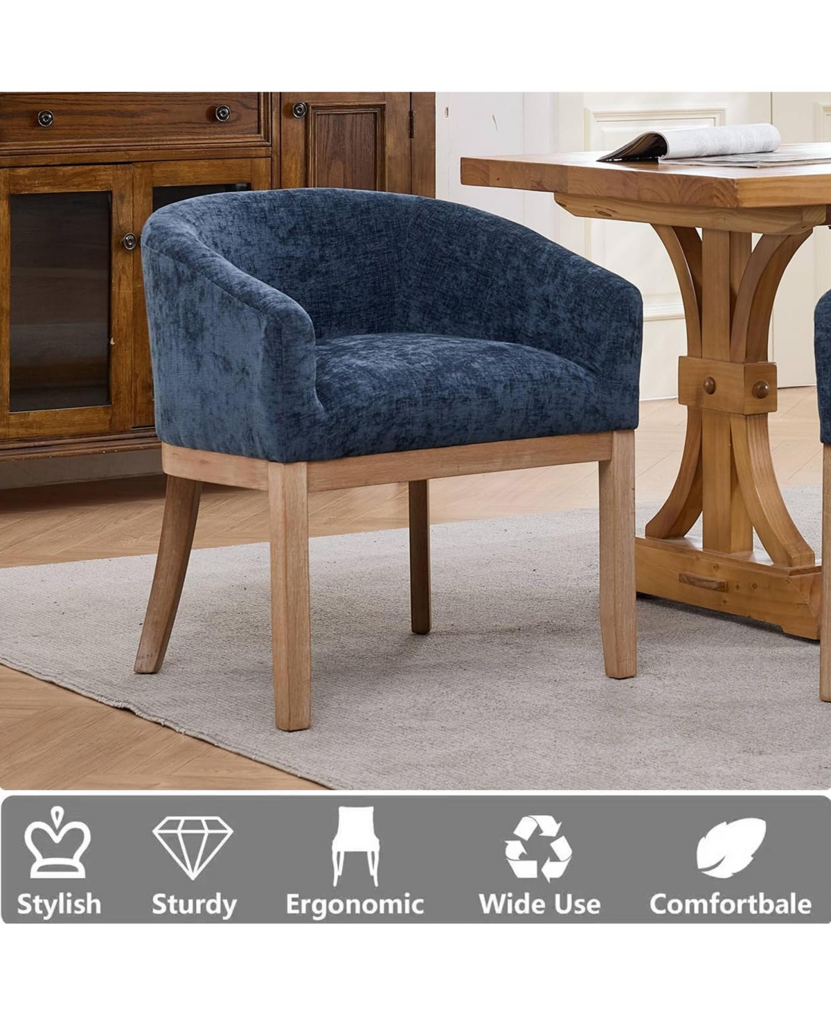 Rainsken Barrel Dining Chair, Farmhouse Linen Upholstered Kitchen Chair with Solid Wood Legs and Arms for Living Room and Dining Room, Set Of 1