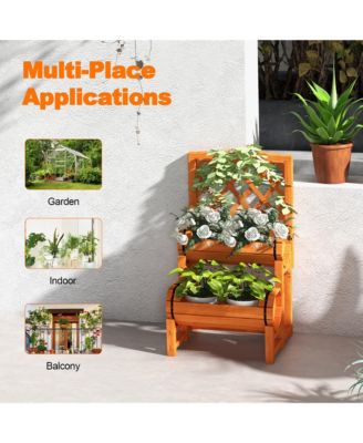 2-Tier Wooden Raised Garden Bed Container w/2 Cylindrical Planter Boxes and Trellis