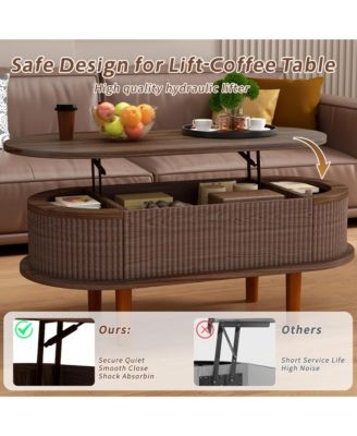 Fluted Lift Top Coffee Table, Modern Oval Wooden Center Table with Hidden Compartment for Living Room or Home Office