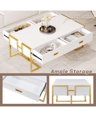Rectangular Coffee Table, Modern 47.4" Center Table with 4 Drawers and Gold Metal Base for Living Room