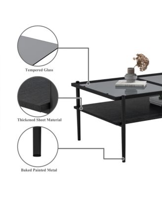 Rectangle 2 Tier Coffee Table, Center Table with Tempered Glass Top and Wood Storage Shelf for Living Room, Small Space
