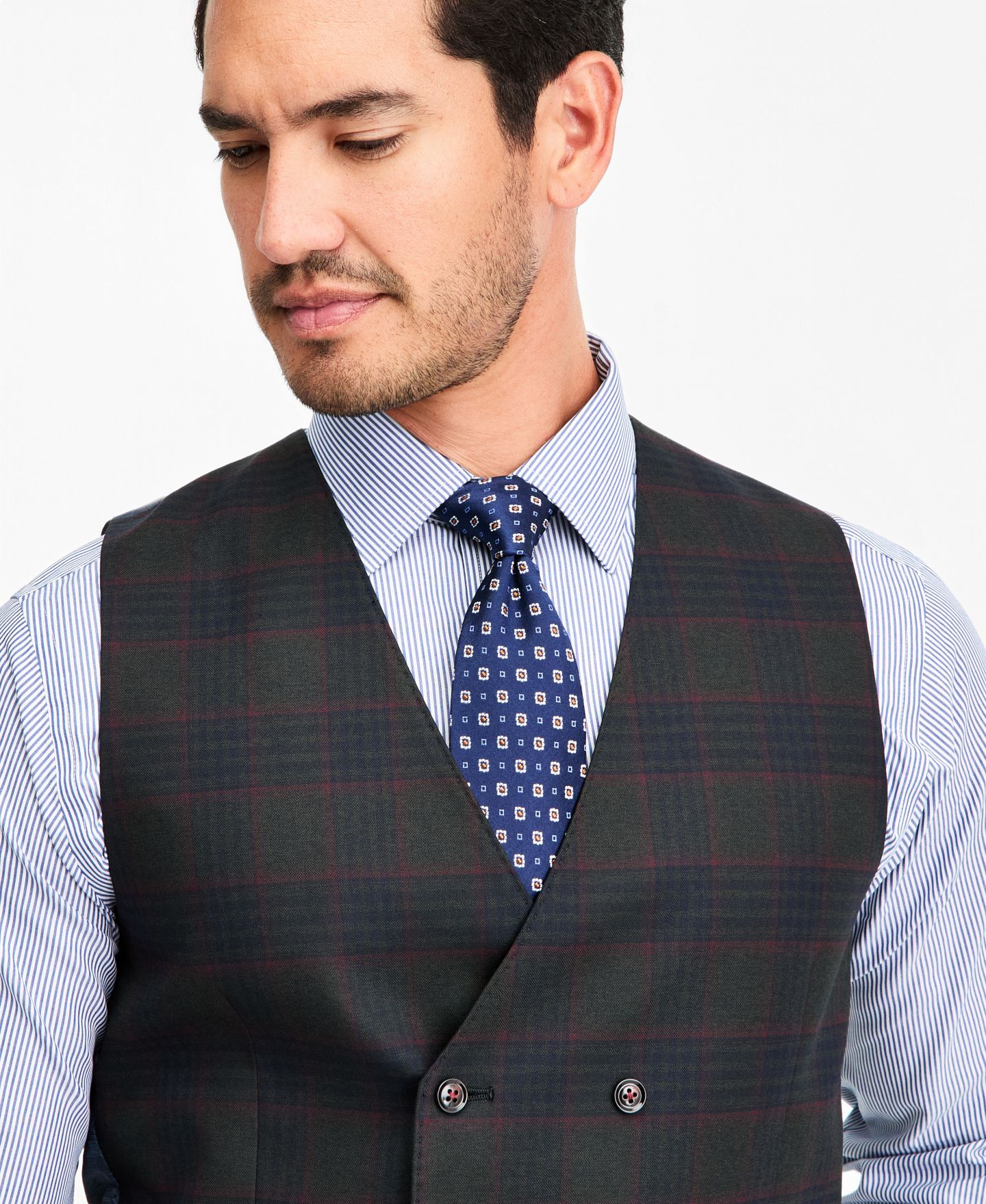 Мужской жилет Tayion Collection Classic-Fit Green Plaid Suit Separate Double-Breasted Vest, цвет: Оливковый красный — фото 3