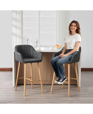 Bar Stools Set of 2 - Linen Fabric Upholstered Counter Height Chairs with Back, Footrest and Solid Wood Legs for Kitchen Island