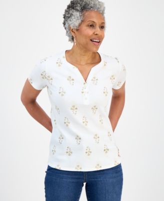 Petite Floral-Print Short-Sleeve Henley Knit Top