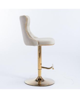 Velvet Swivel Bar Stools Set of 2, Adjustable Counter Height Chairs with Nailhead Trim and Gold Metal Base for Kitchen Island