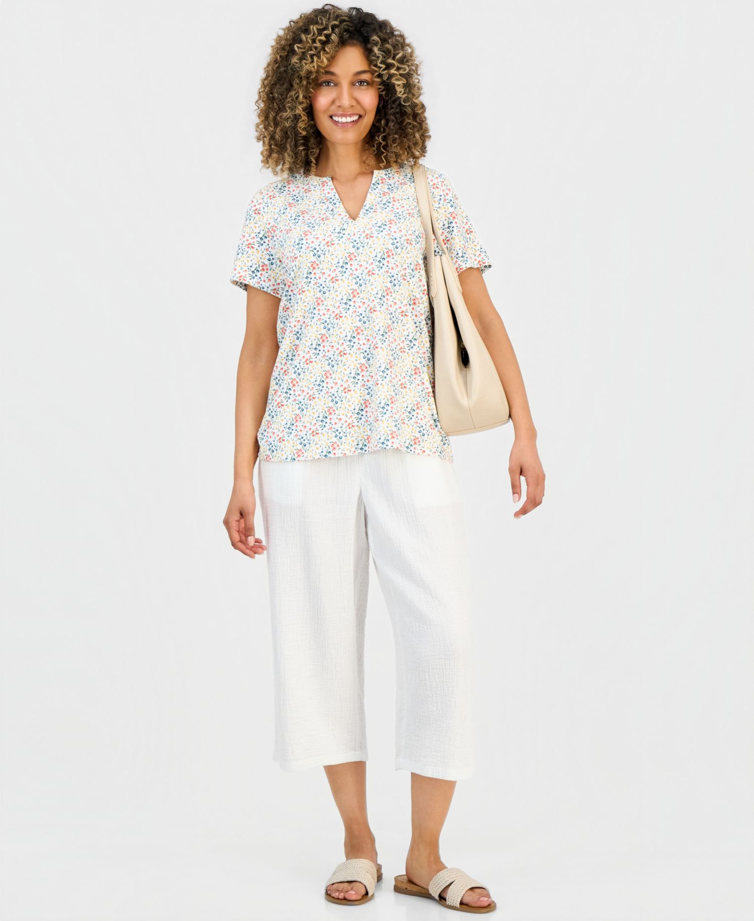 Petite Floral-Print Short-Sleeve Split-Neck Yoke Top